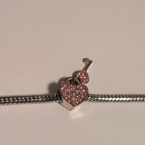 Gold Pink Heart Lock And Key Charm for Pandora Style Bracelet